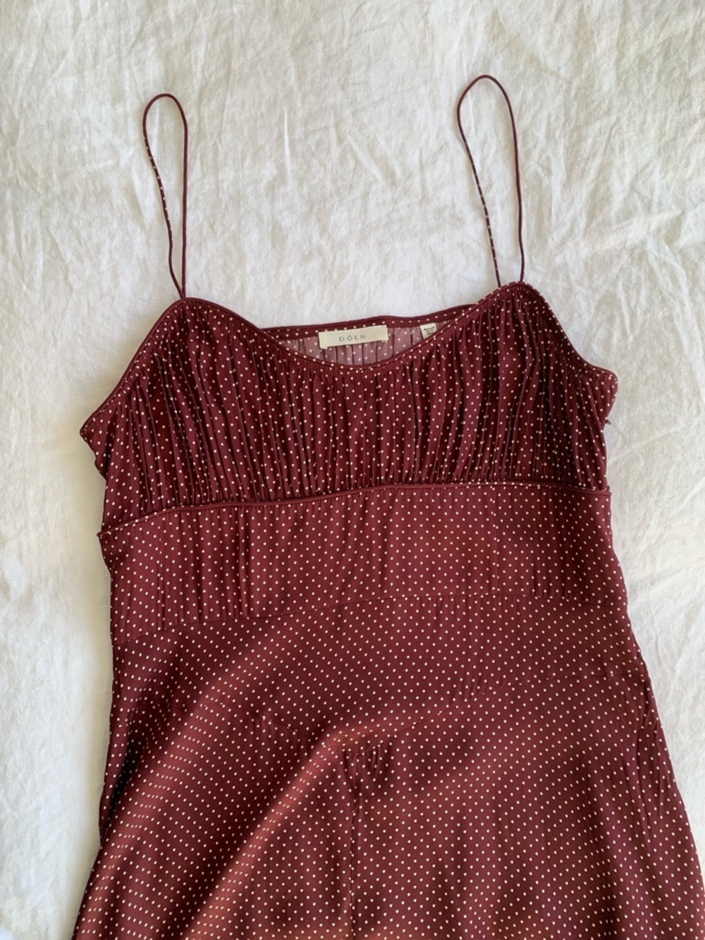 Doen Rosaria Silk Ruffle Ruched Midi Maxi Dress Burgundy Colette Dot Polka - Picture 5 of 10